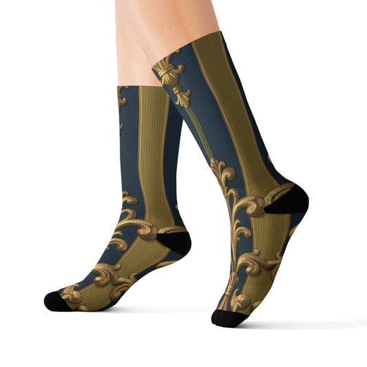 Elegant Midnight Blue & Olive Striped Gold Baroque Sublimation Socks, Stylish Patterned Socks, Trendy Gift Socks, Fashion Accessories
