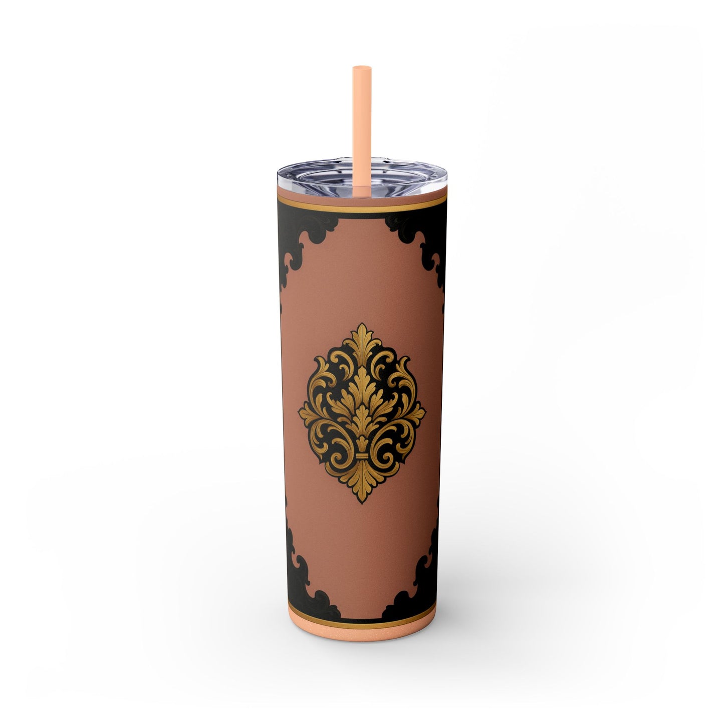 20oz Skinny Tumbler with Straw — Vintage Mauve & Black-Gold Baroque Design