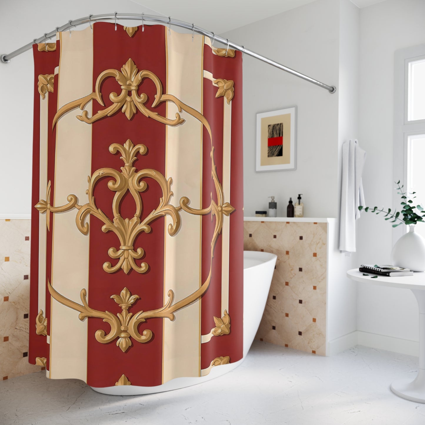 Elegant Vintage Shower Curtain with Alabaster & Dusk Orange Striped Baroque Design