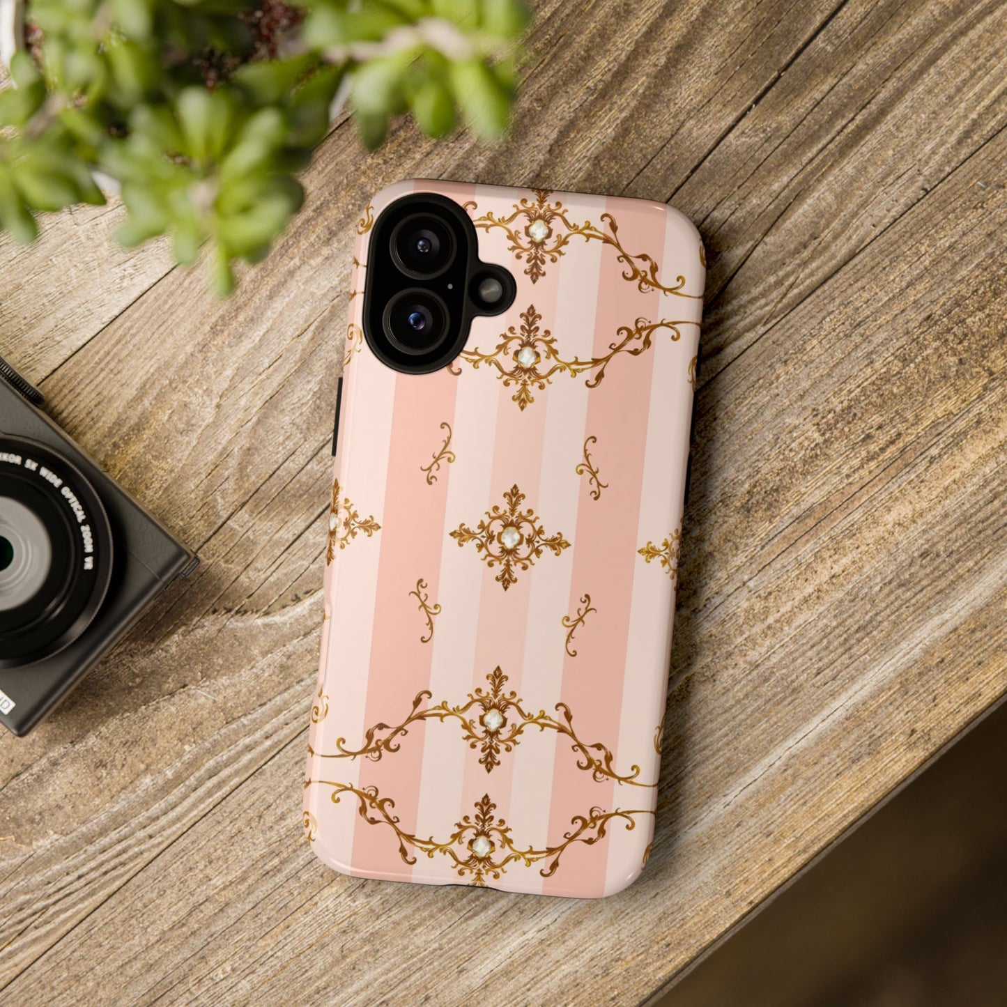 Elegant Floral Phone Case, Tough Cases for Women, Trendy Phone Cover, Chic Gift - Pink Jeweled Striped Gold Baroque