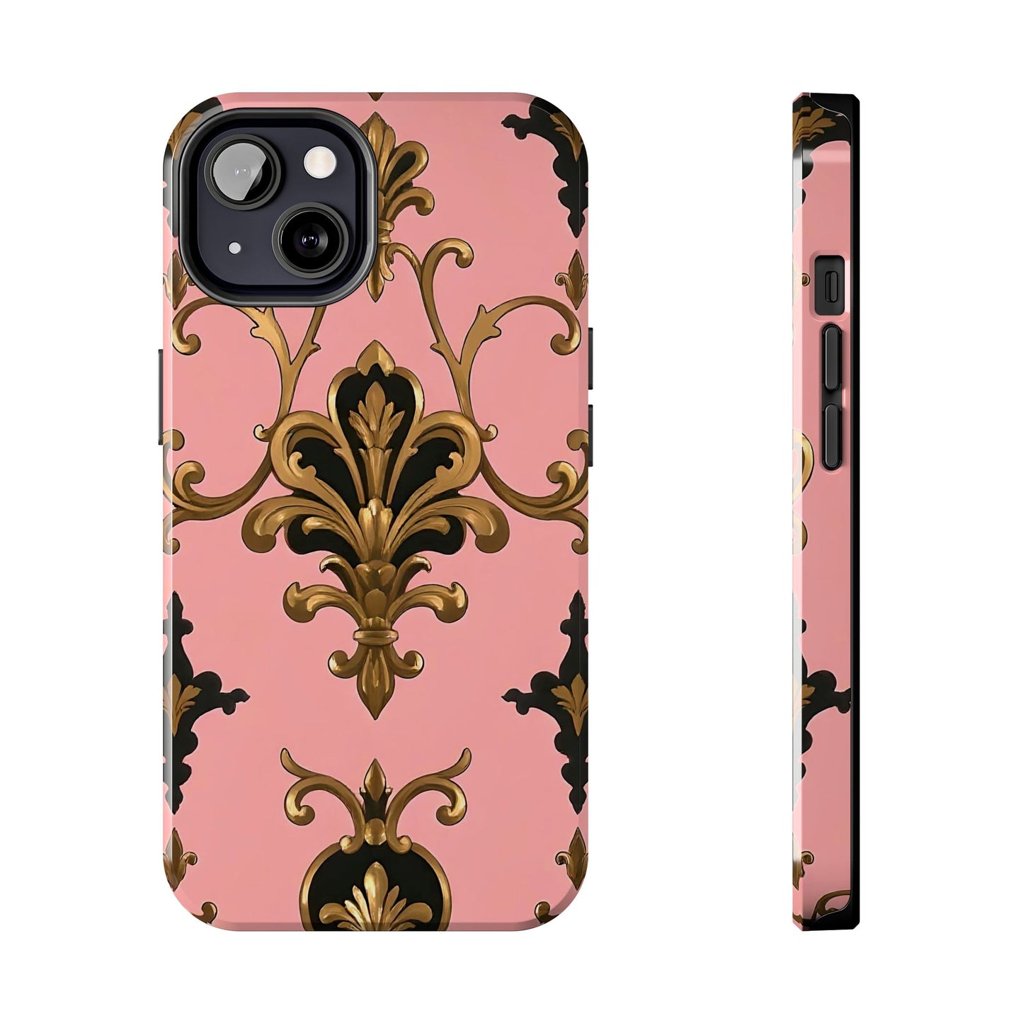 Chic Tough Phone Cases with Floral Design, Elegant Phone Cover, Durable Smartphone Case, Stylish Tech Accessory - Pink, Black & Gold Rococo