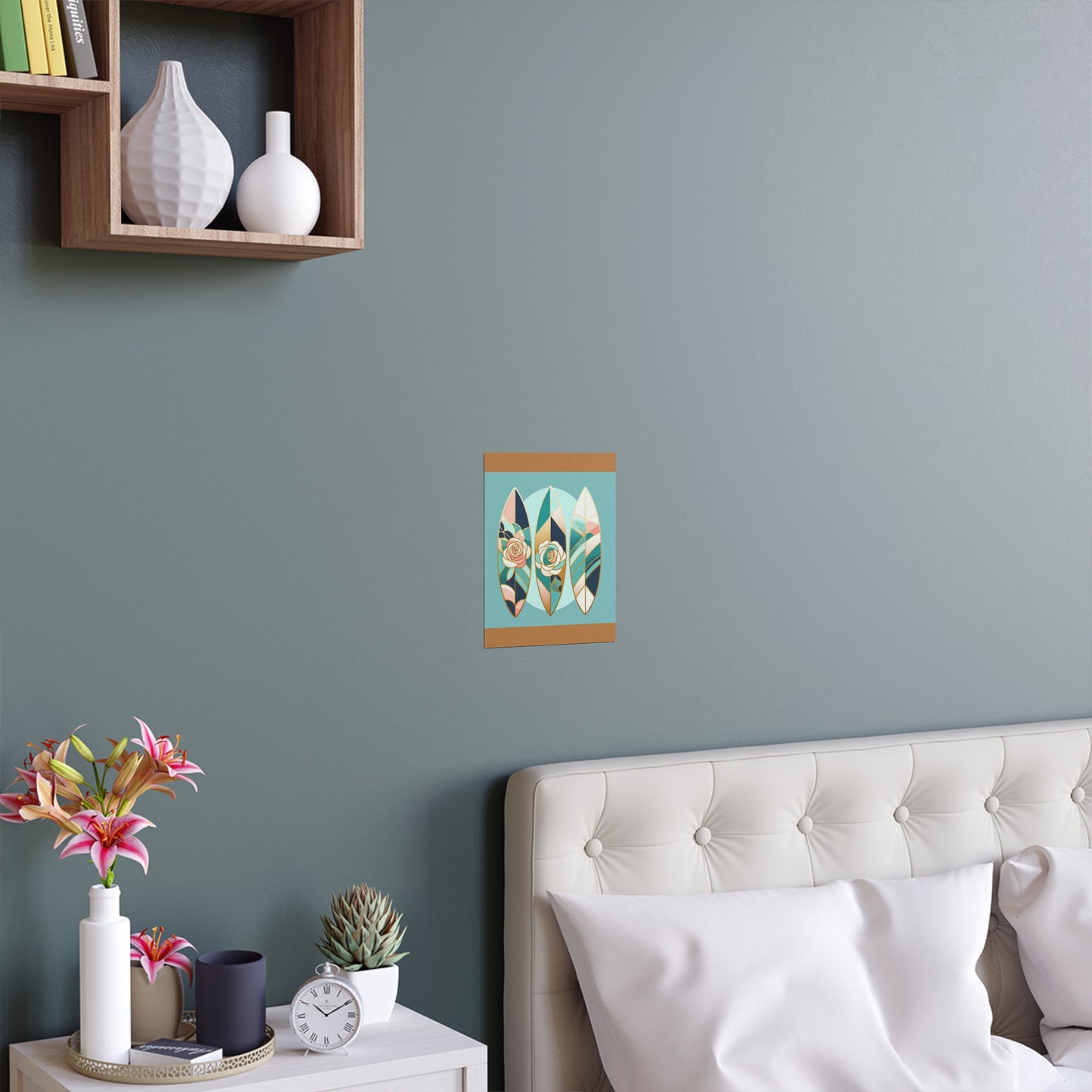 Elegant Floral Silk Poster - Indoor/Outdoor Wall Art for Home Decor - Blue, Pink & Aqua Surfboard & Roses