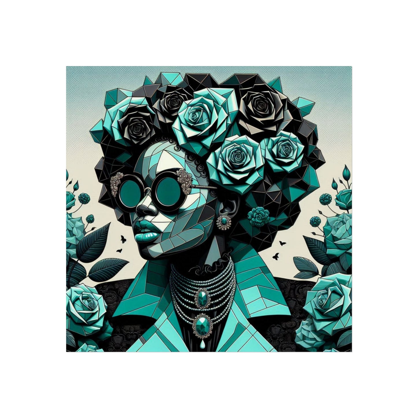 Chic Floral Fine Art Poster | Modern Wall Decor, Home Aesthetic, Gift for Art Lovers, Unique Room Makeover - Turquoise & Black Roses Lady