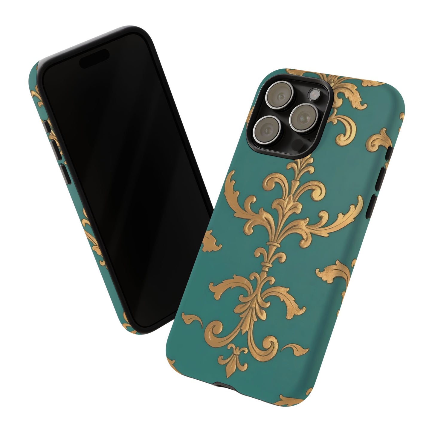 Elegant Floral Motif Phone Case - Tough Cases with Vintage Design - Aqua & Gold Damask