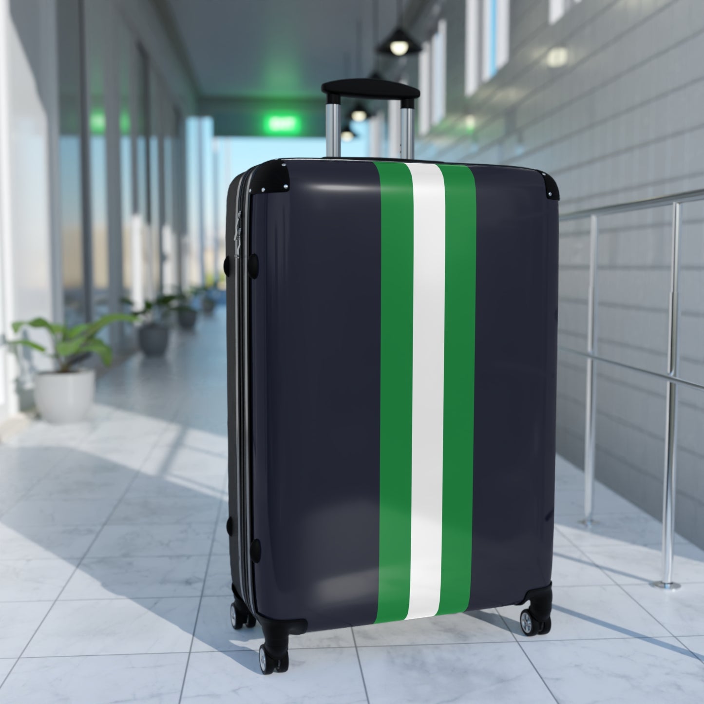 Lunar Midnight & Green-White Striped Stylish Carry-On Suitcase | Travel in Style, Lightweight Luggage, Gym Bag, Weekender Travel, Holiday Gift Idea