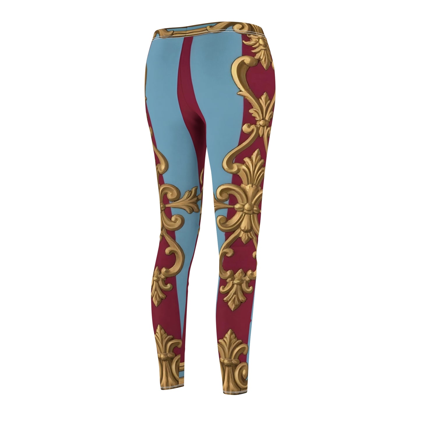 Women's Baroque Print Leggings, Stylish Activewear, Yoga Pants, Casual Wear, Gift for Her - Sky Blue & Maroon Striped Baroque