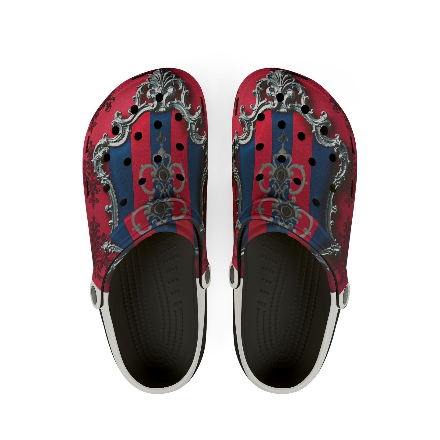 Stylish EVA Foam Rubber Clogs - Vibrant Floral Design, Comfortable Garden Footwear, Trendy Summer Shoes - Blue & Red Striped Silver Crest