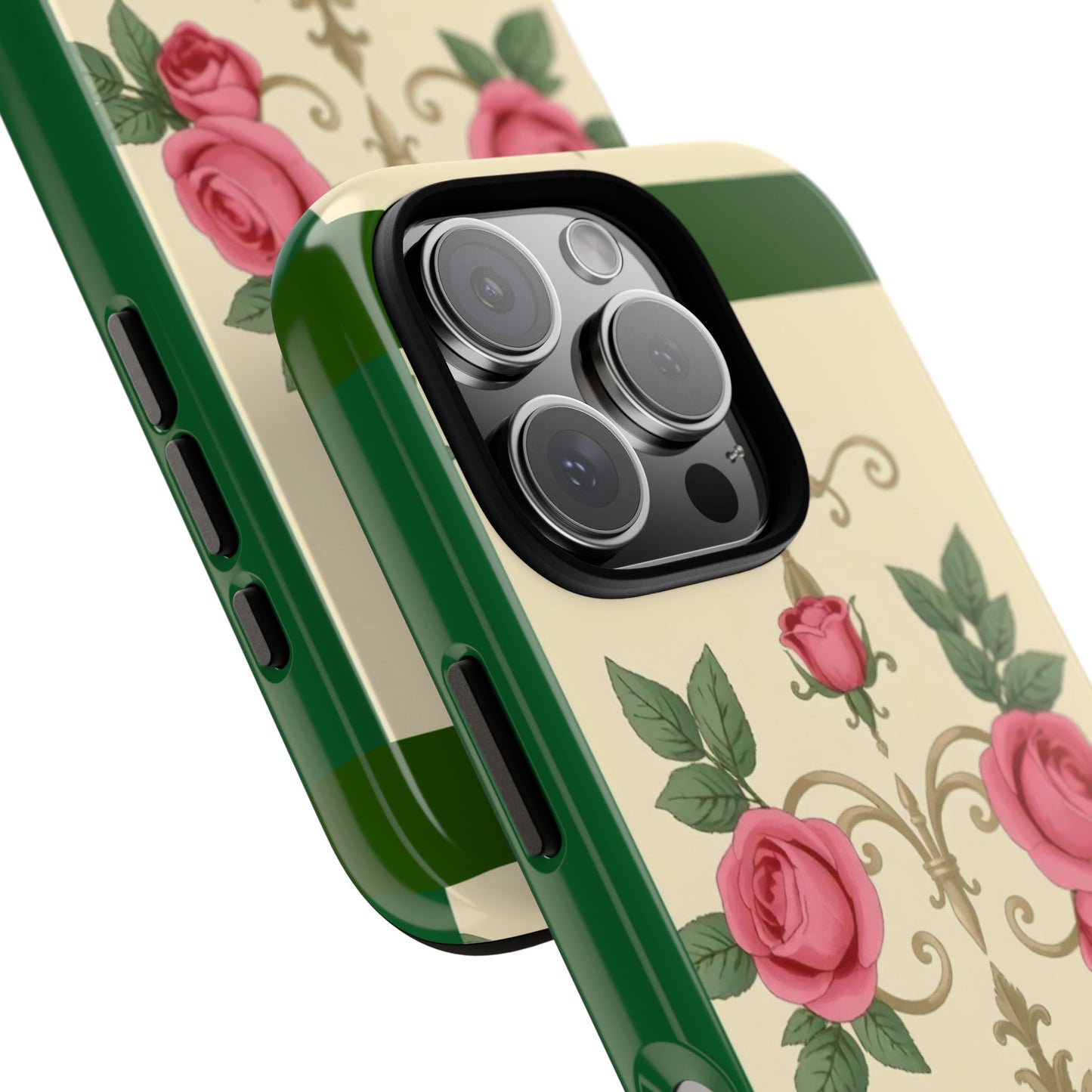 Elegant Floral Motif Phone Case - Tough Cases with Vintage Design - Green Border Roses & Damask