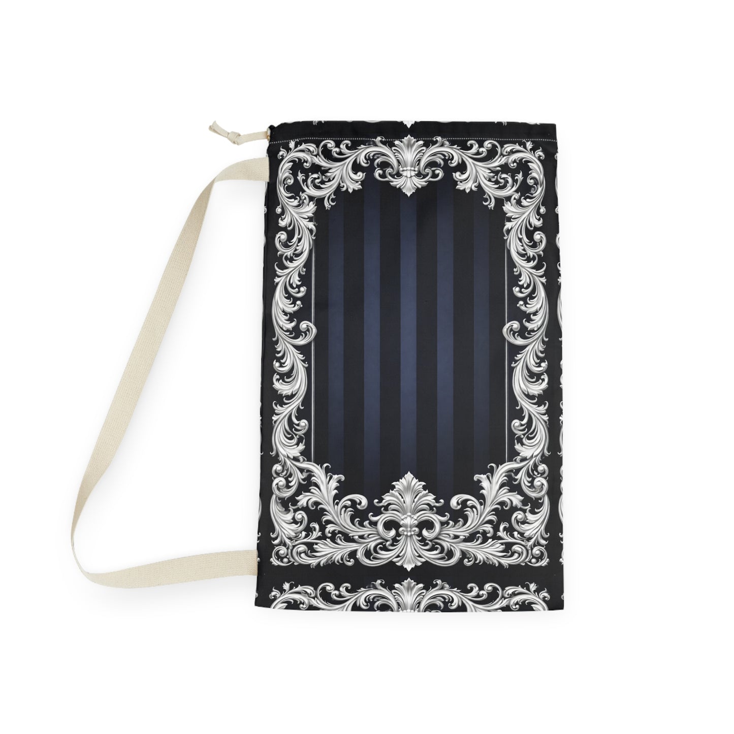 Navy Stripes & Baroque Laundry Bag — Elegant Navy Drawstring Hampers for Travel and Dorm