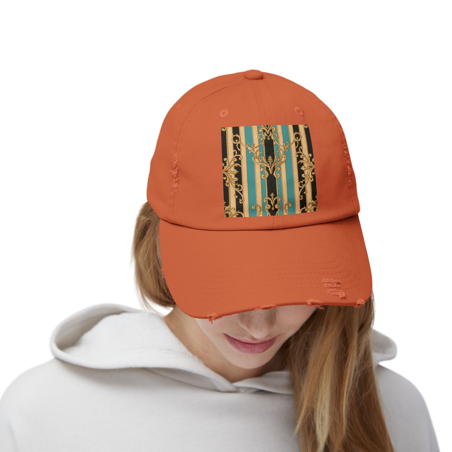 Distressed Black, Tan & Ocean Green Striped Gold Baroque Cap with Elegant Stripe Design | Vintage-Inspired Accessories, Unisex Casual Hat