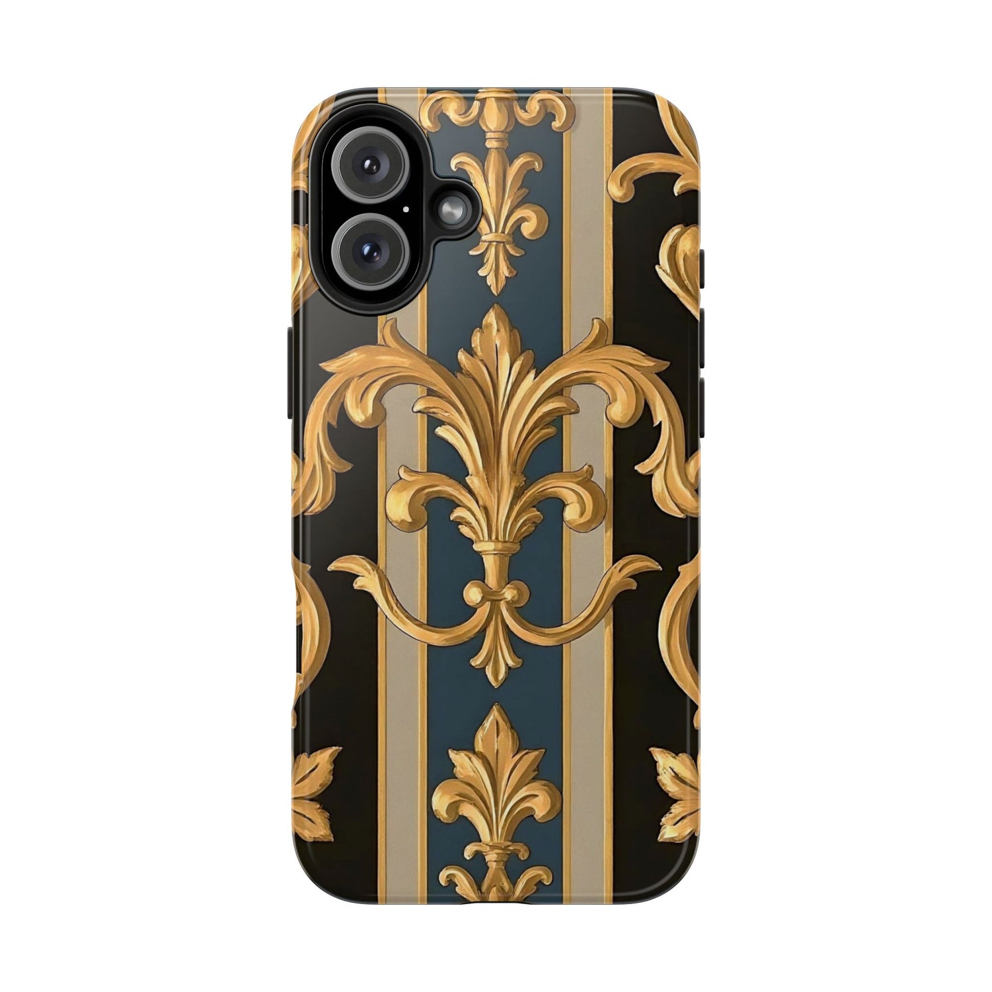 Elegant Rococo Phone Cases, Tough iPhone Case, Floral Design Case, Luxury Phone Cover - Blue & Black Striped Rococo