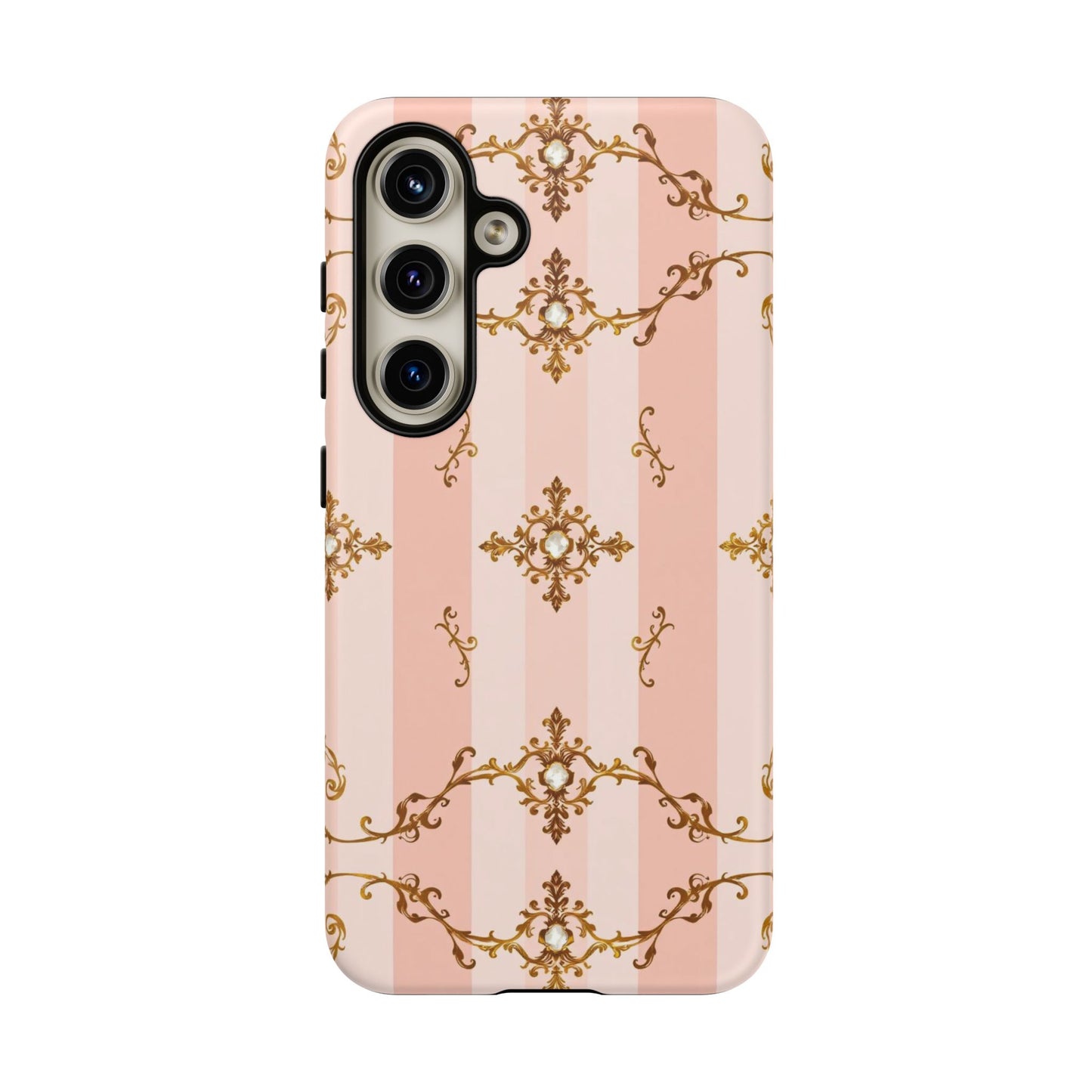 Elegant Floral Phone Case, Tough Cases for Women, Trendy Phone Cover, Chic Gift - Pink Jeweled Striped Gold Baroque