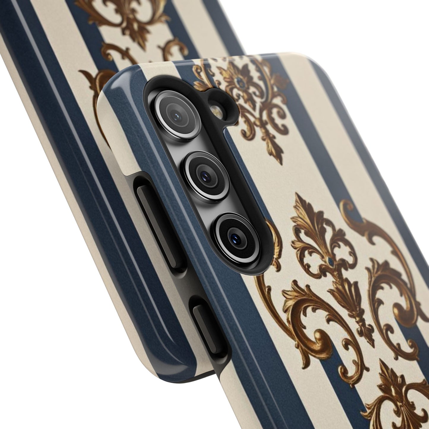 Damask Tough Phone Case - Alabaster & Blue Striped Damask