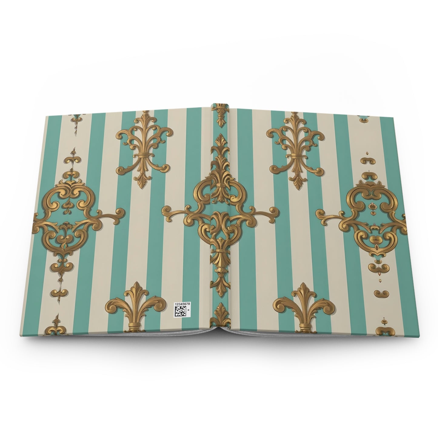 Elegant Striped Hardcover Journal - Floral Design, Vintage Style Notebook, Gift for Writers - Matte Green Striped Rococo