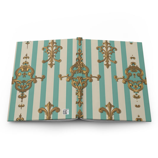 Elegant Striped Hardcover Journal - Floral Design, Vintage Style Notebook, Gift for Writers - Matte Green Striped Rococo