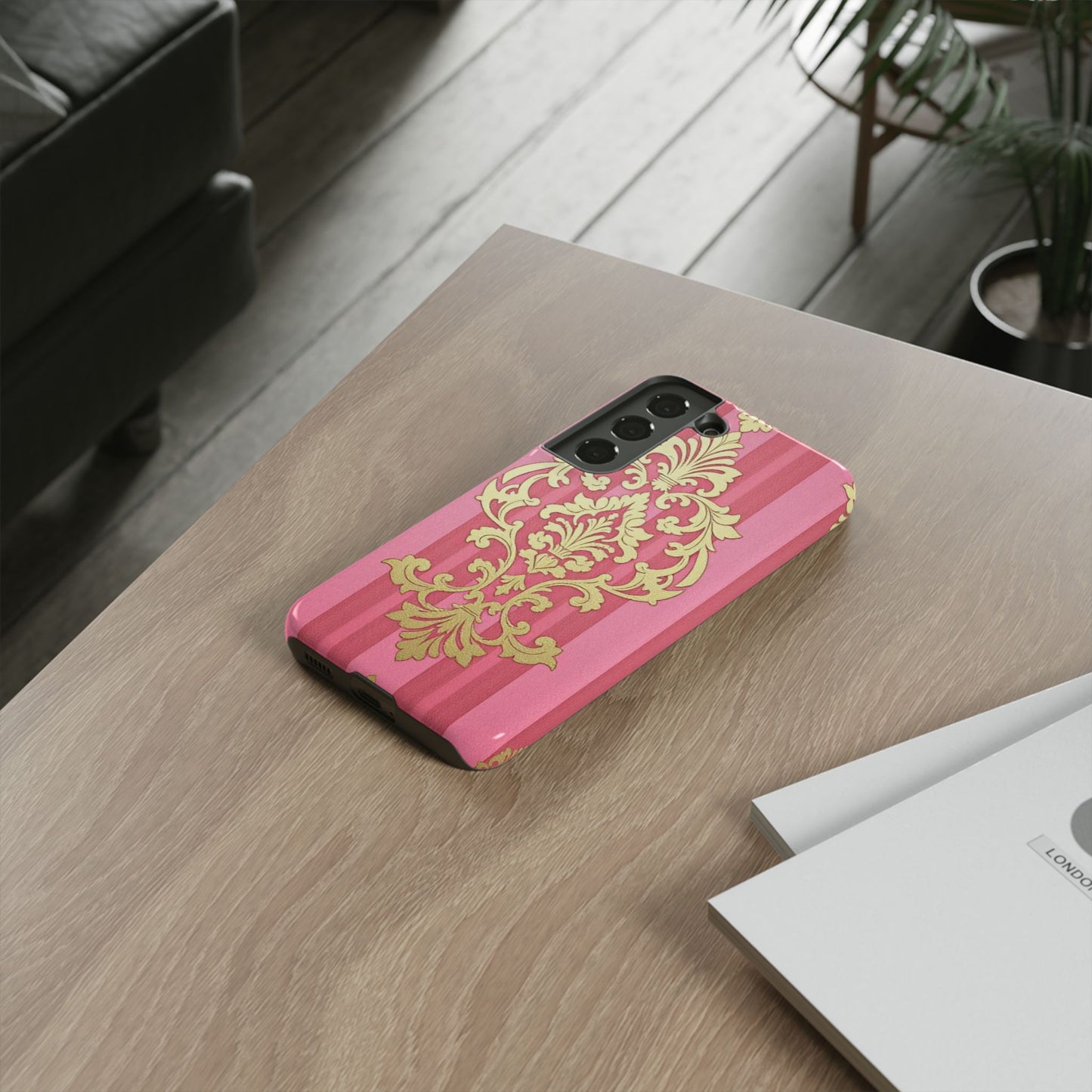 Elegant Floral Motif Phone Case - Tough Cases with Vintage Design - Pink Striped Damask