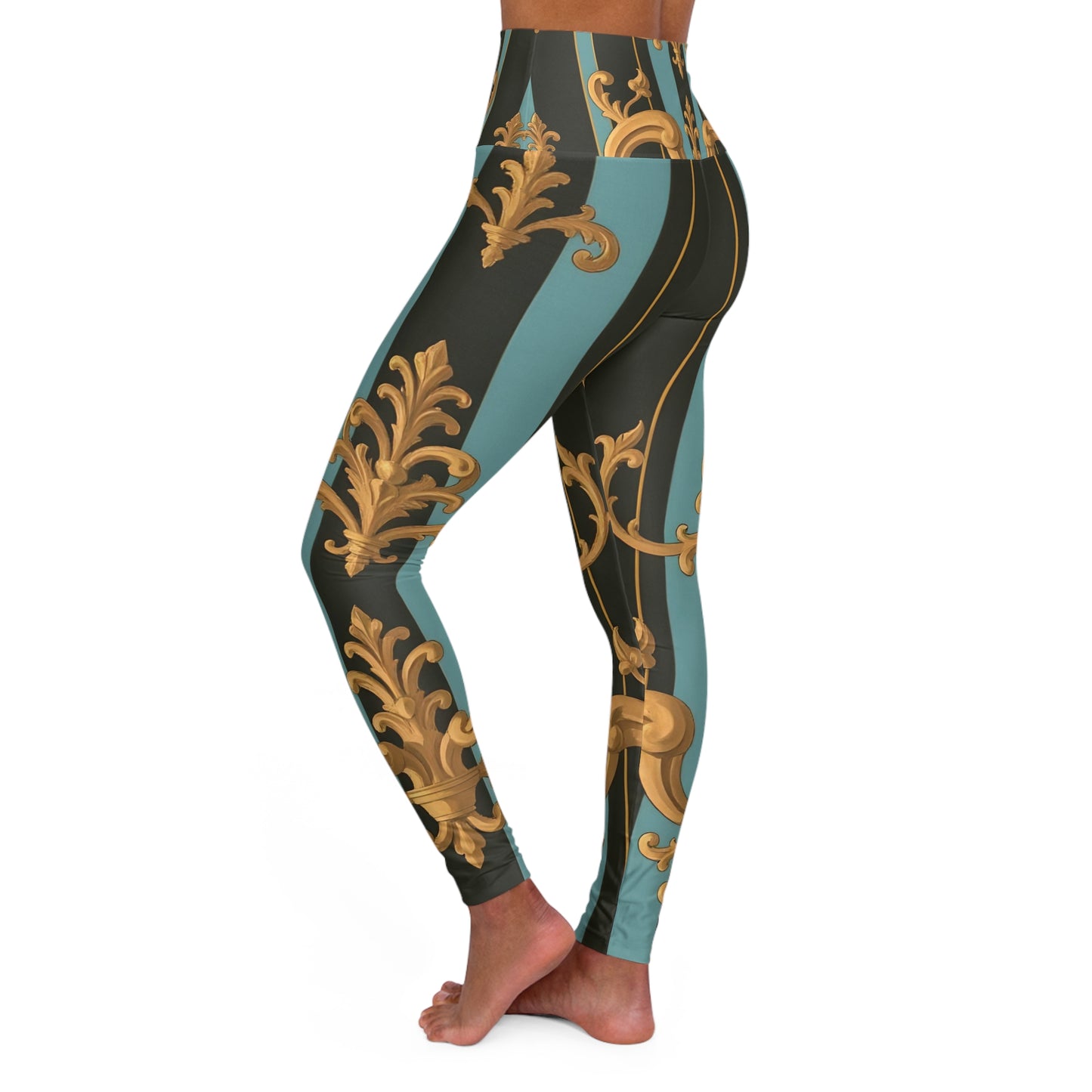 Elegant High Waisted Yoga Leggings, Activewear for Yoga and Pilates, Stylish Workout Pants - Black & Turquoise Striped Baroque