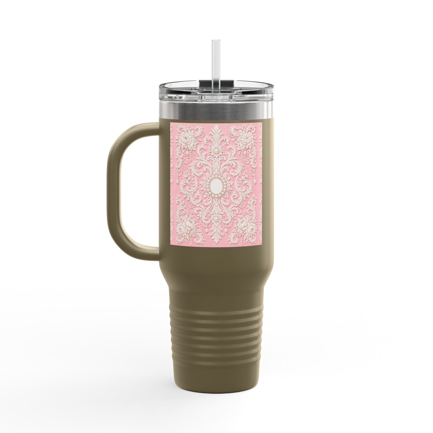 Pink Rococo 40oz Insulated Travel Mug – Pink Vintage Rococo Design