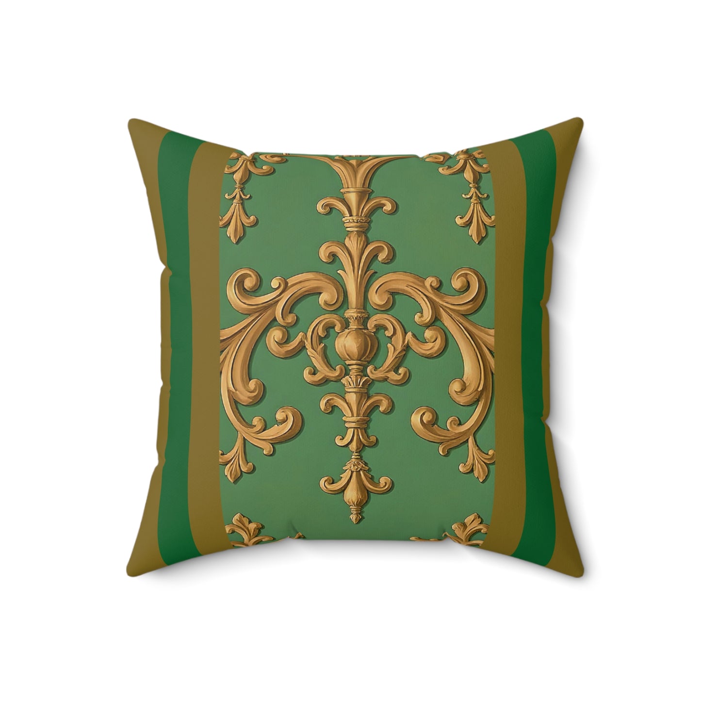 Elegant Faux Suede Square Pillow with Gold Floral Design, Throw Pillow, Home Decor, Living Room Accent, Gift for Her - Olive Green Striped Rococo