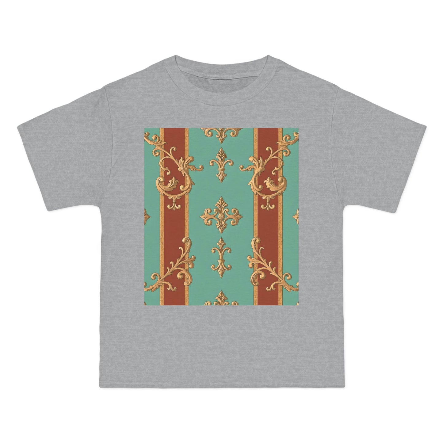 Elegant Vintage Patterned T-Shirt | Vintage Style Tee, Casual Wear, Retro Aesthetic - Rust & Mint Aqua Striped Baroque