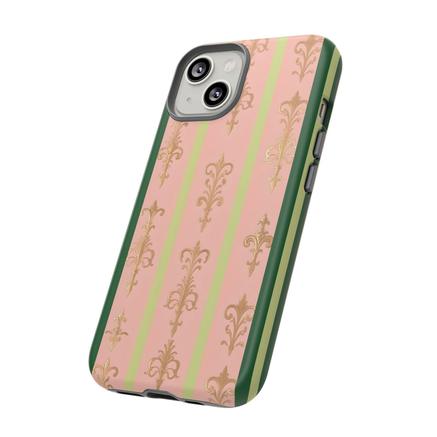 Elegant Floral Motif Phone Case - Tough Cases with Vintage Design - Lime Green & Pink Striped Damask