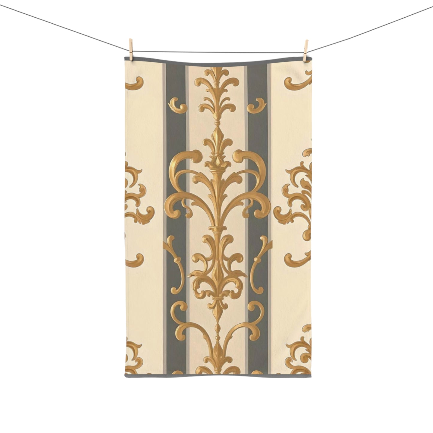 Luxurious Ornate Hand Towel - Elegant Home Décor - Dusk Olive Striped Gold Damask