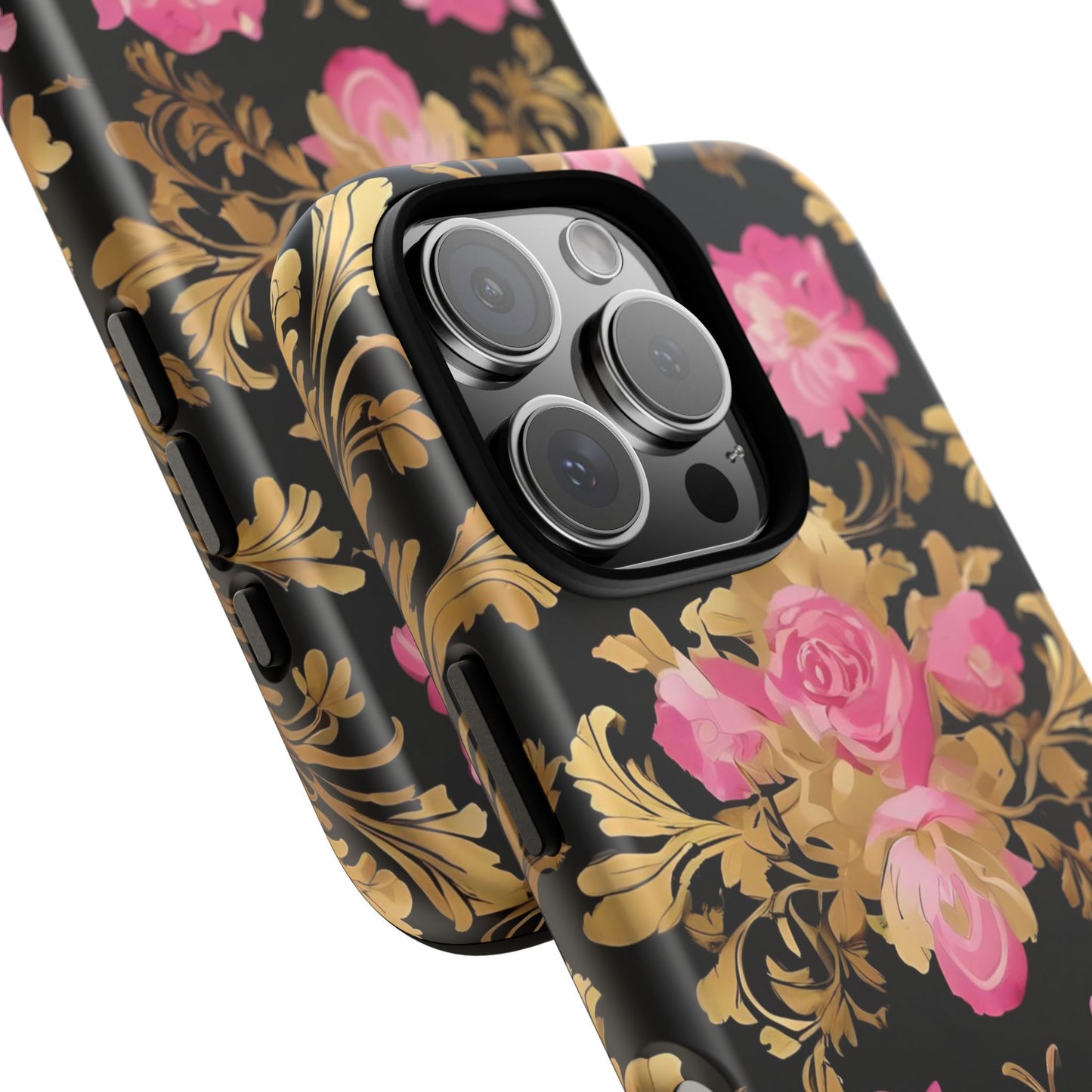 Elegant Floral Motif Phone Case - Tough Cases with Vintage Design - Pink & Gold Roses