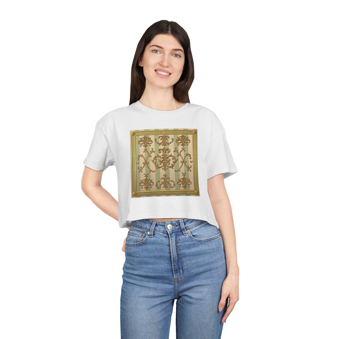 Stylish Women's Crop Tee with Elegant Print, Summer Fashion Top, Casual Chic Shirt, Gift for Her, Trendy Outfit - Mint & Beige Striped Gold Baroque