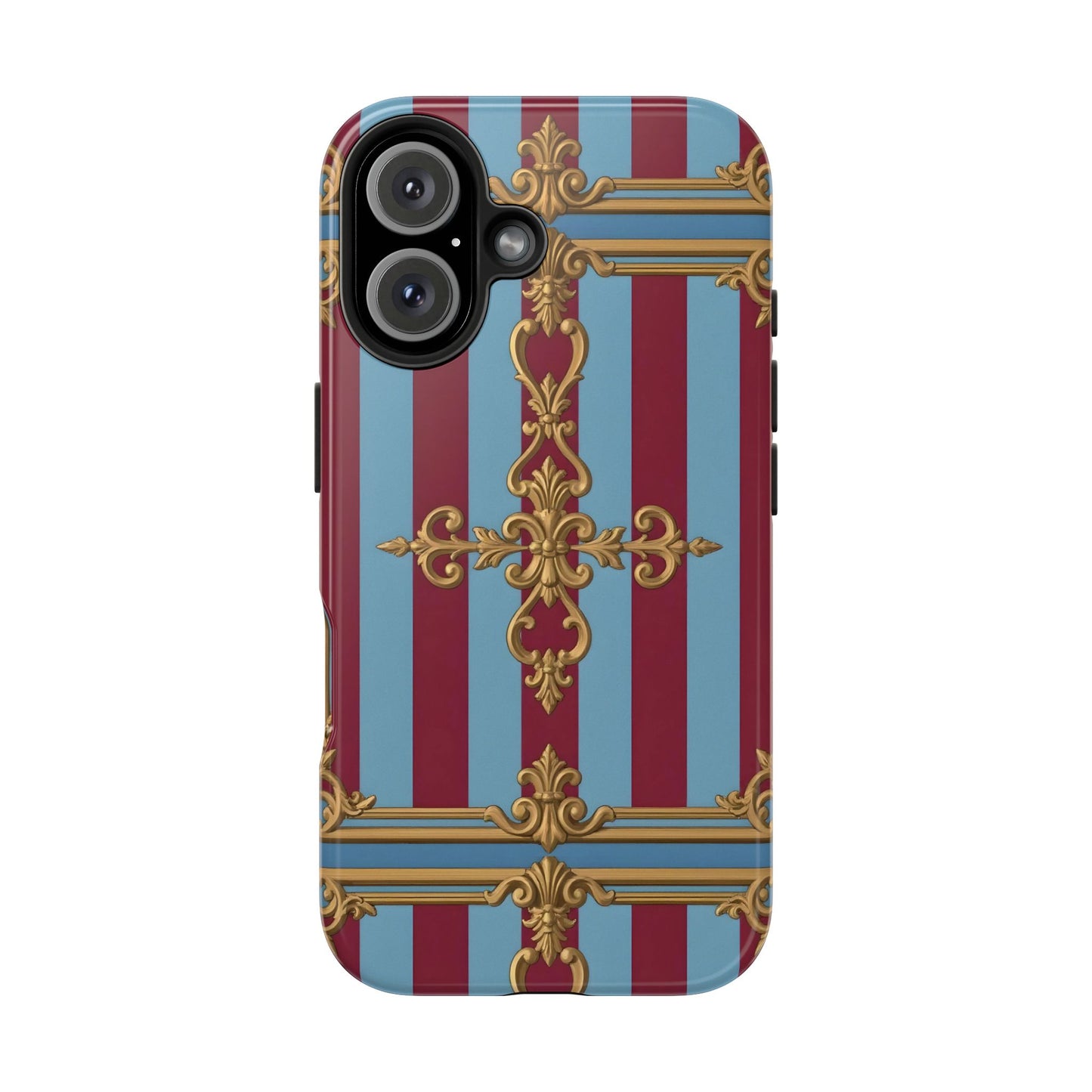 Elegant Patterned Tough Phone Cases, Stylish Phone Cover, Durable Phone Protection, Unique Gift Idea - Sky Blue & Maroon Striped Baroque