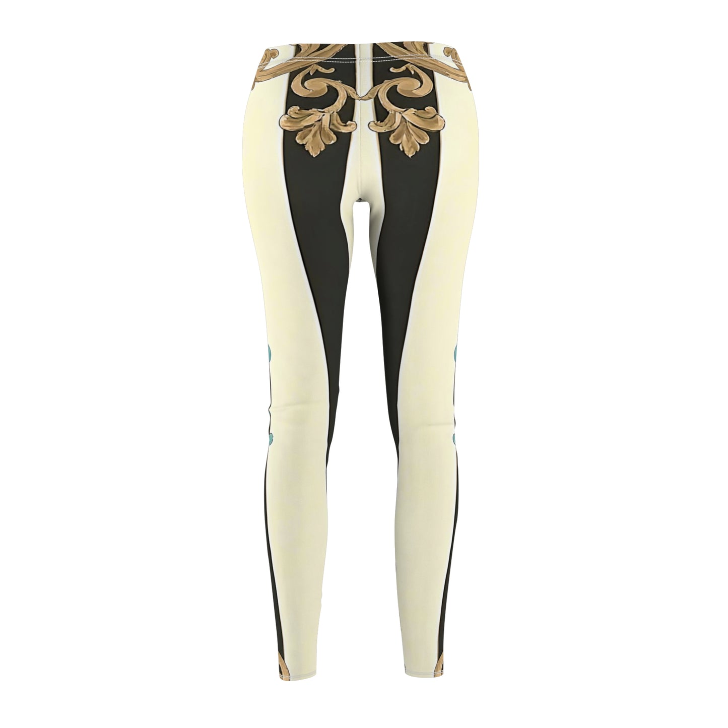 Stylish Women's Cut & Sew Leggings - Boho Chic Pants, Comfortable Athletic Wear, Perfect for Yoga - Black Striped Turquoise & Black Rococo