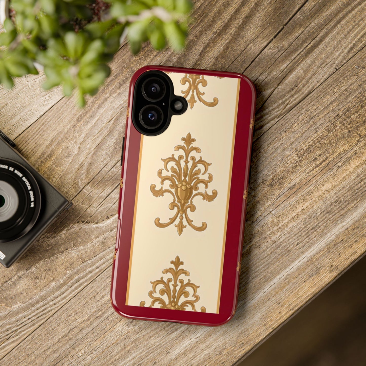 Elegant Floral Motif Phone Case - Tough Cases with Vintage Design - Dusk Red Striped Gold Damask