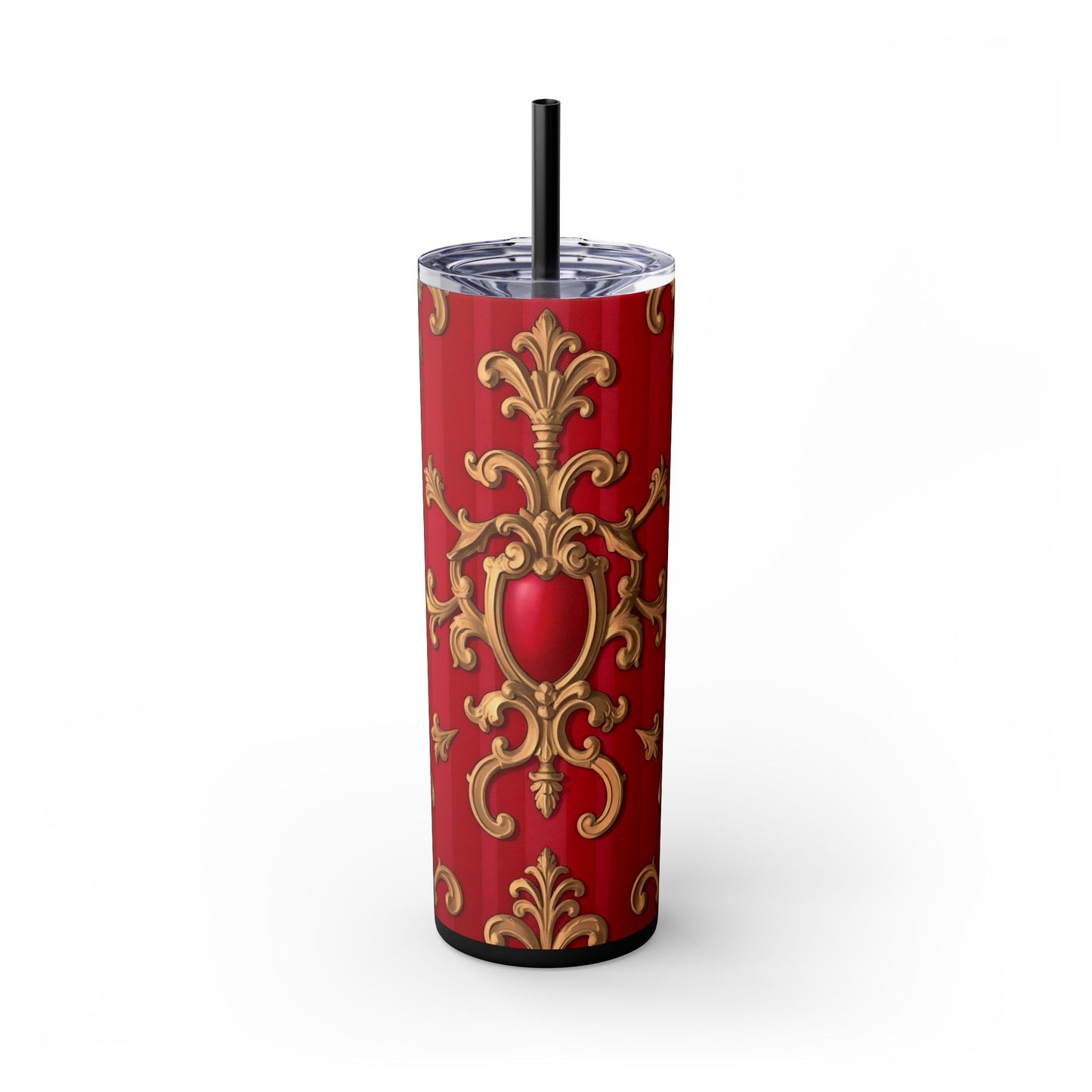 Elegant Red Ornate Skinny Tumbler, Stylish Travel Mug with Straw, Perfect for Gifts, Home Office - Blue, Red & White Striped Baroque