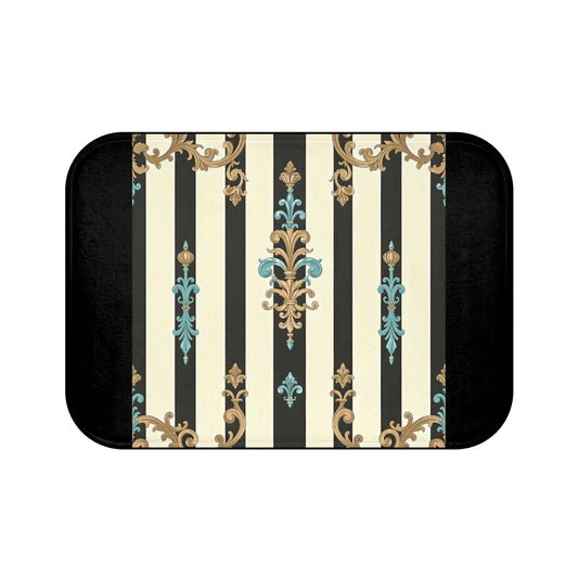 Elegant Vintage Style Bath Mat for a Luxurious Bathroom Decor, Floor Rug, Bathroom Accessory - Black Striped Turquoise & Black Rococo