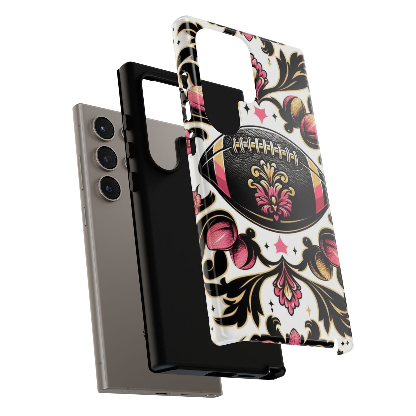 Elegant Floral Motif Phone Case - Tough Cases with Vintage Design - Damask White, Pink Gold & Black Football