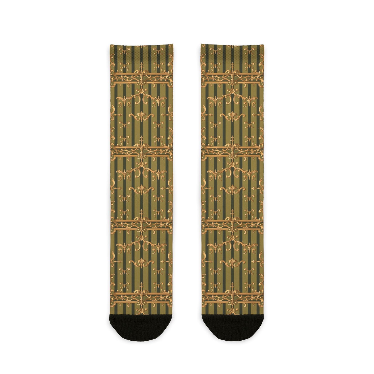 Rococo Pattern Crew Socks | Cozy Gift, Eco-Friendly Fashion, Unique Accessories, Fun Everyday Wear - Olive Green Striped Rococo