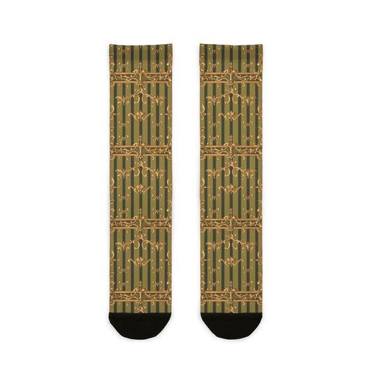 Rococo Pattern Crew Socks | Cozy Gift, Eco-Friendly Fashion, Unique Accessories, Fun Everyday Wear - Olive Green Striped Rococo