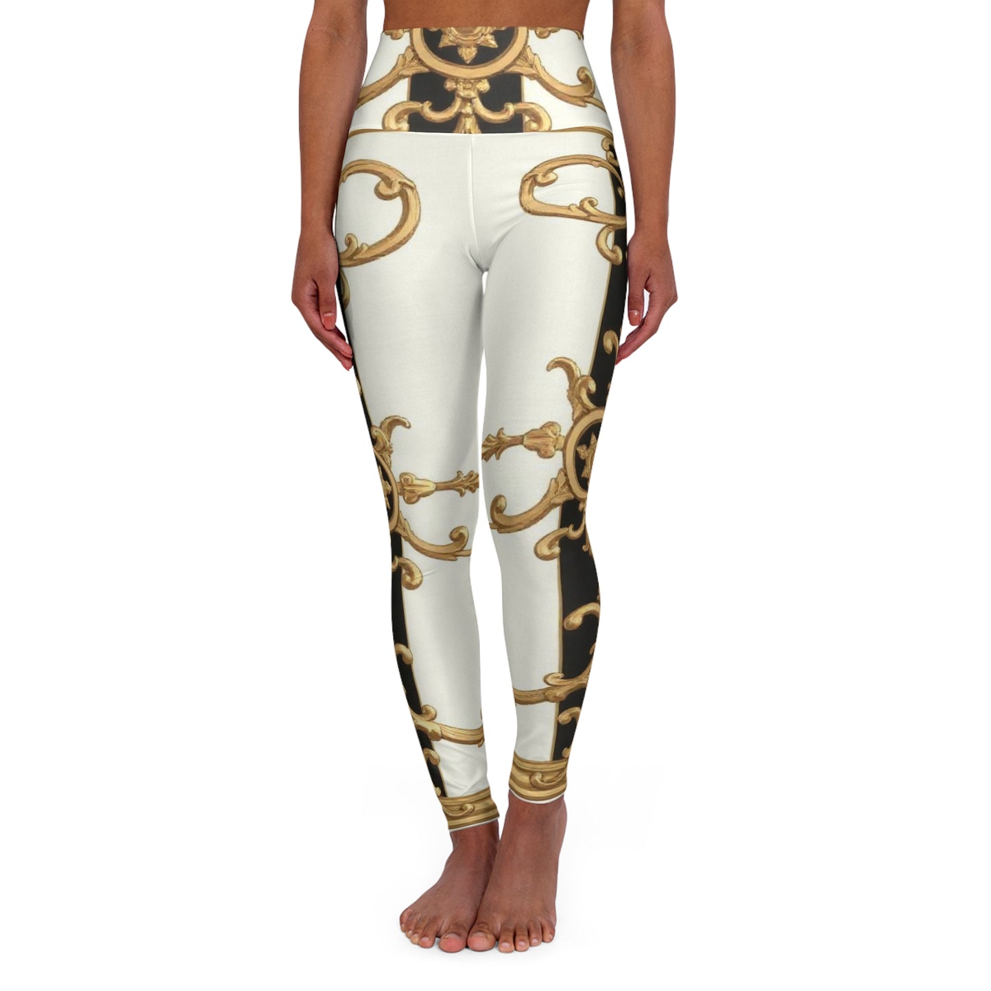 Elegant High Waisted Yoga Leggings - Stylish Activewear for Fitness, Dancing, and Casual Outings - Black & White Striped Gold Baroque