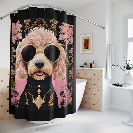 Shower Curtains - Elegant Vintage Floral with Golden Doodle In Sunglasses Design