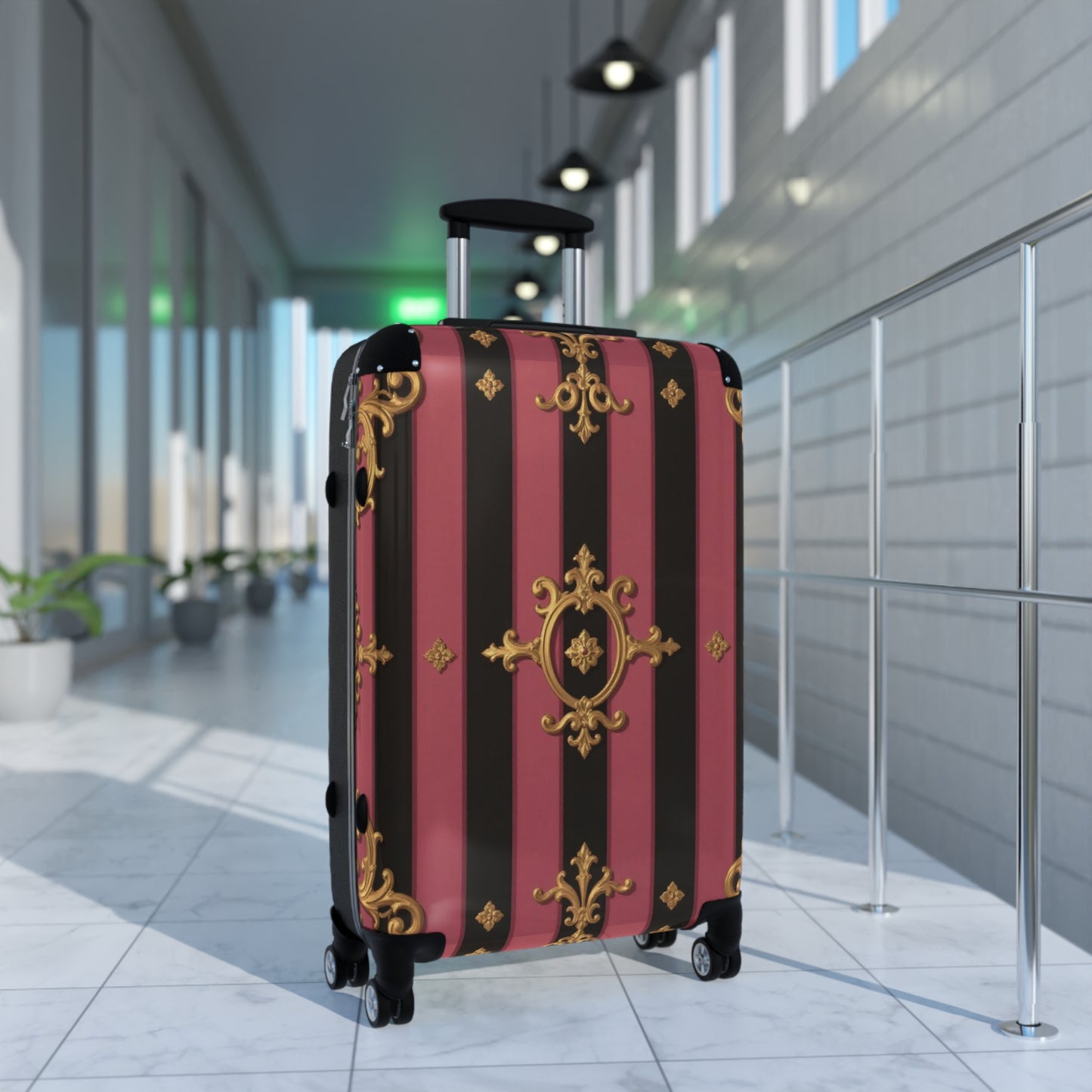 Elegant Black & Mauve Striped Gold Baroque Suitcase, Travel Luggage, Designer Carry-On, Stylish Baggage for Fashion Lovers