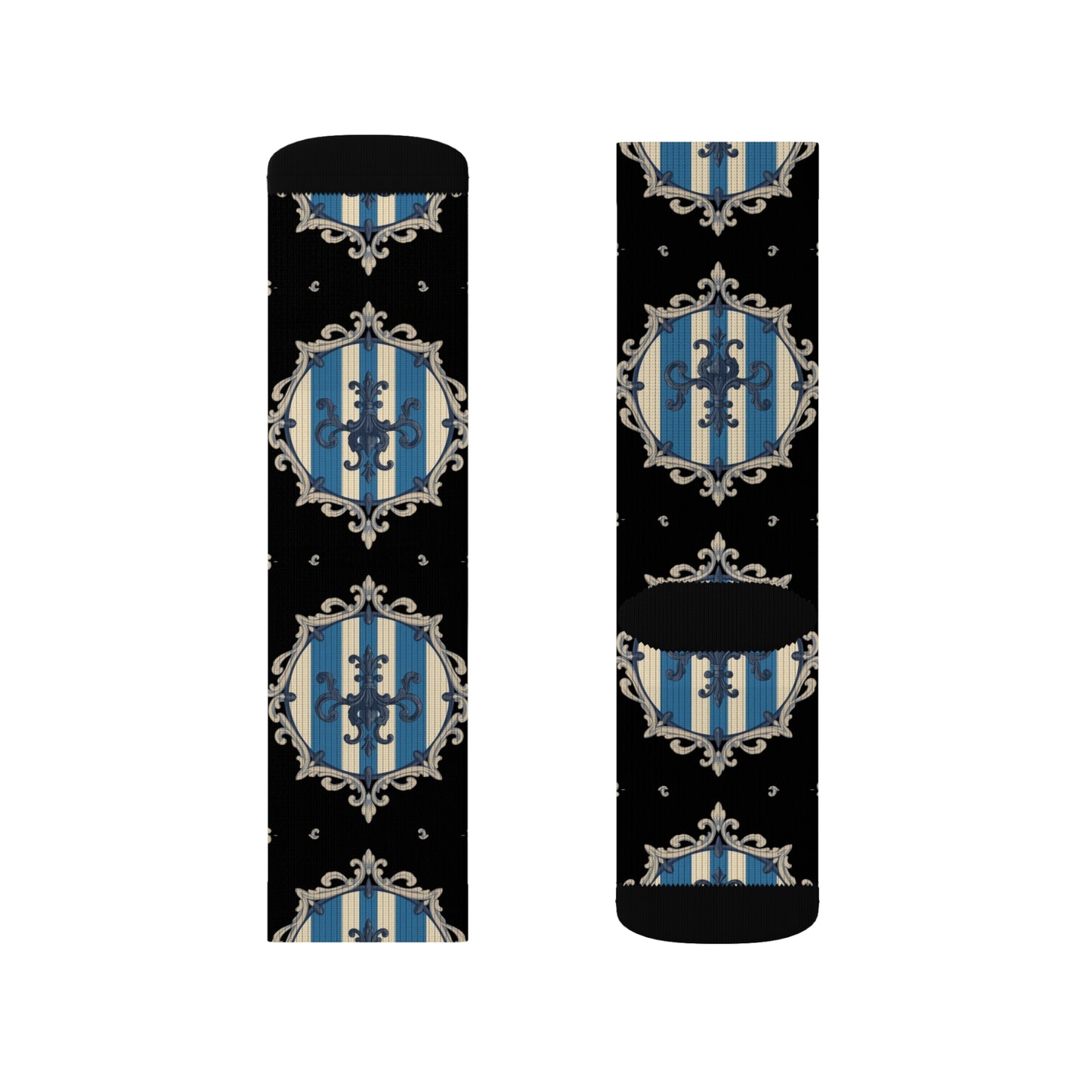 Chic Blue & Alabaster Striped Baroque Patterned Socks for Cozy Fashion, Sublimation Socks, Unique Gift for Her, Stylish Wardrobe Addition