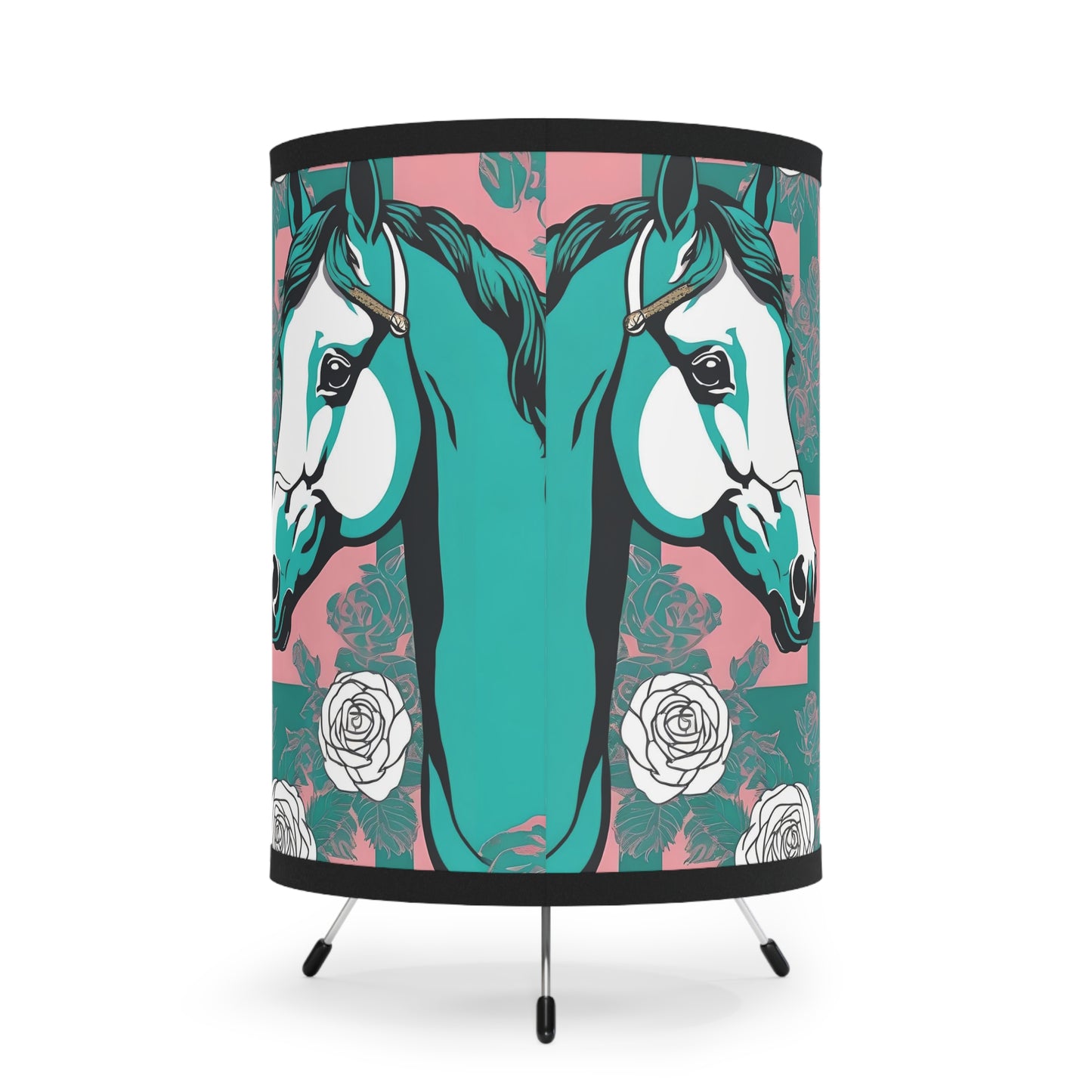 Tripod Lamp - Elegant Vintage Floral Print Home Accent - Teal & White Horse