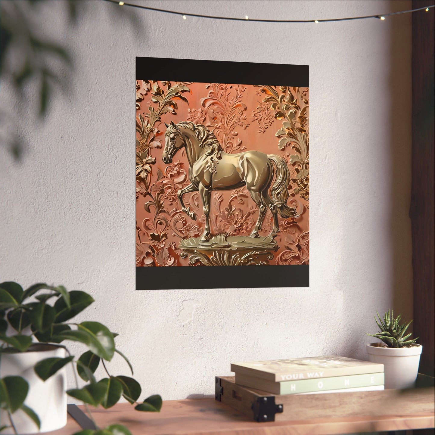 Floral Motif Art Poster - Elegant Matte Vertical Wall Decor - Gold Horse In Peach & Gold Damask