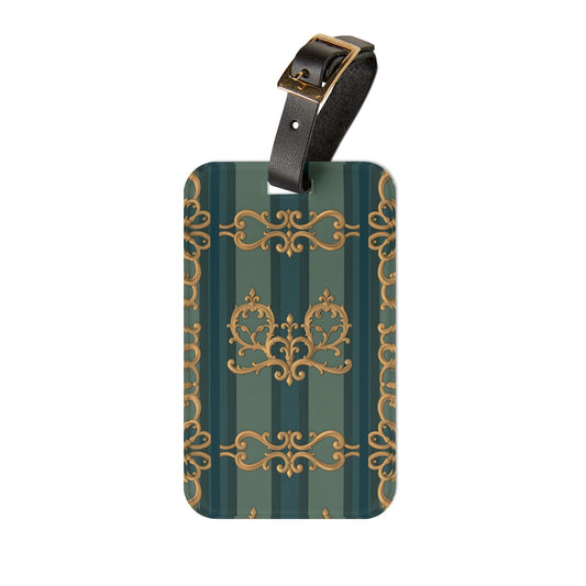 Elegant Vintage Luggage Tag, Travel Accessory, Personalized Baggage Identifier, Gift for Travelers - Smoky Blue & Teal Striped Baroque