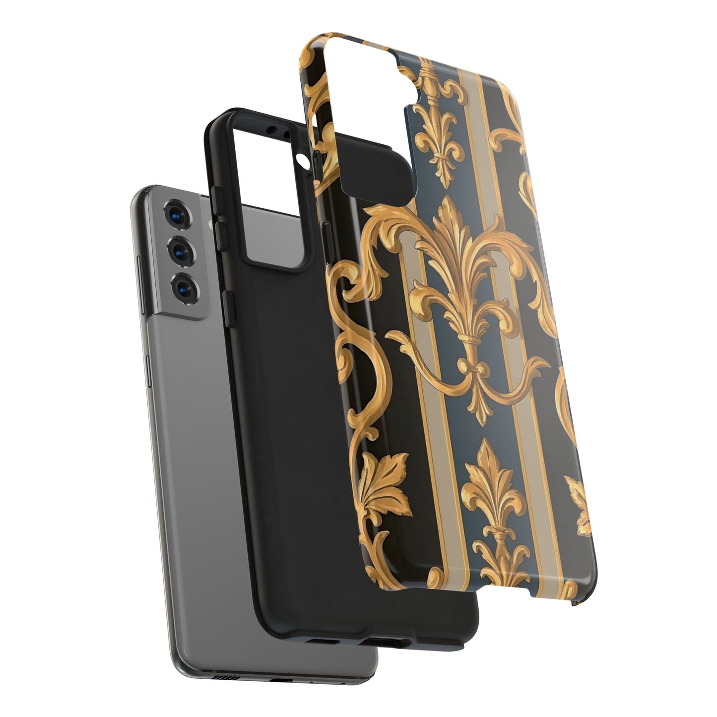 Elegant Rococo Phone Cases, Tough iPhone Case, Floral Design Case, Luxury Phone Cover - Blue & Black Striped Rococo