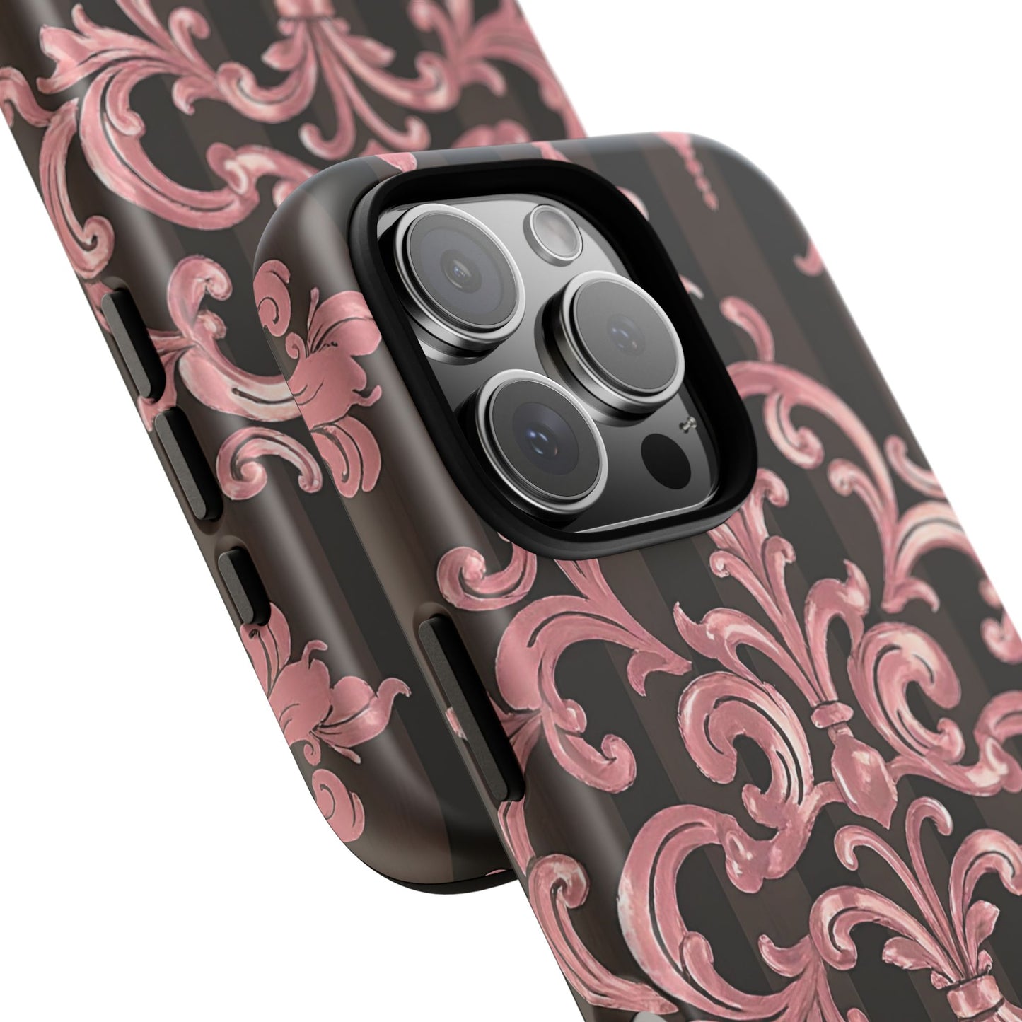Elegant Floral Motif Phone Case - Tough Cases with Vintage Design - Brown Striped Mauve Damask