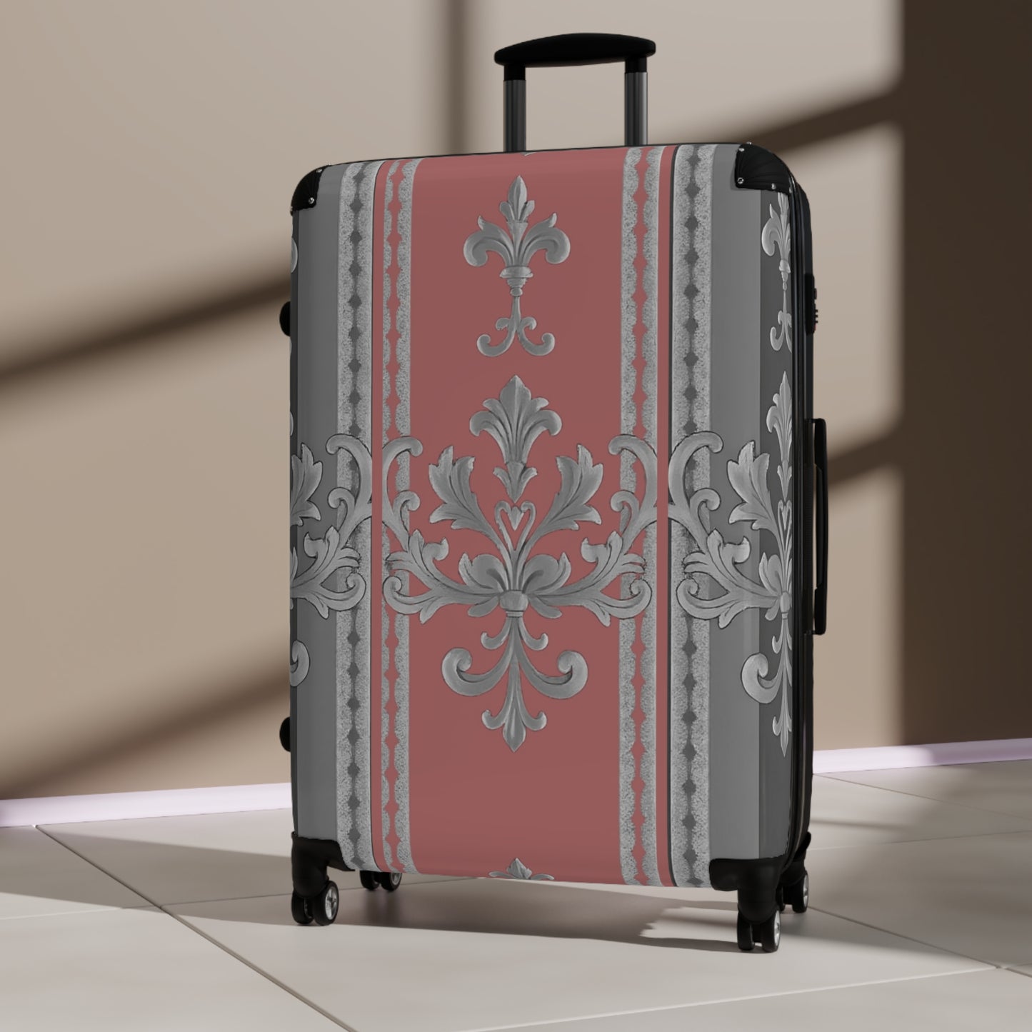 Elegant Floral Design Suitcase for Stylish Travelers - Gray & Mauve Striped Baroque