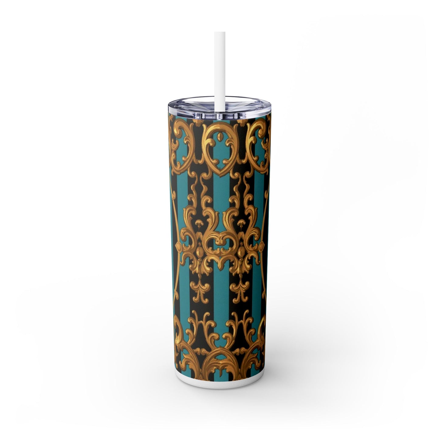 Elegant Turquoise & Black Striped Gold Baroque Skinny Tumbler with Straw, 20oz, Stylish Travel Mug, Party Favor, Birthday Gift, Drinkware