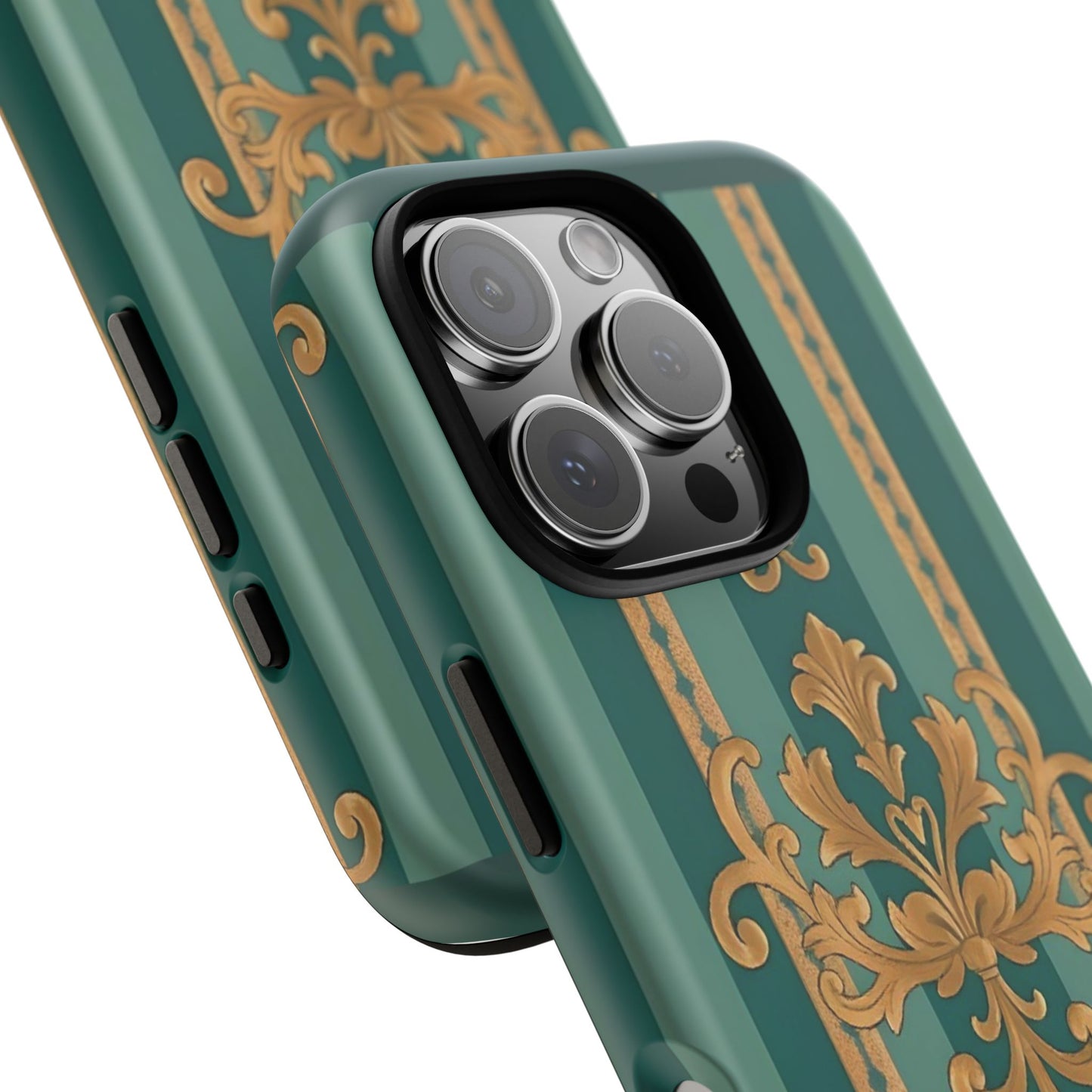 Elegant Floral Motif Phone Case - Tough Cases with Vintage Design - Teal Striped Gold Damask