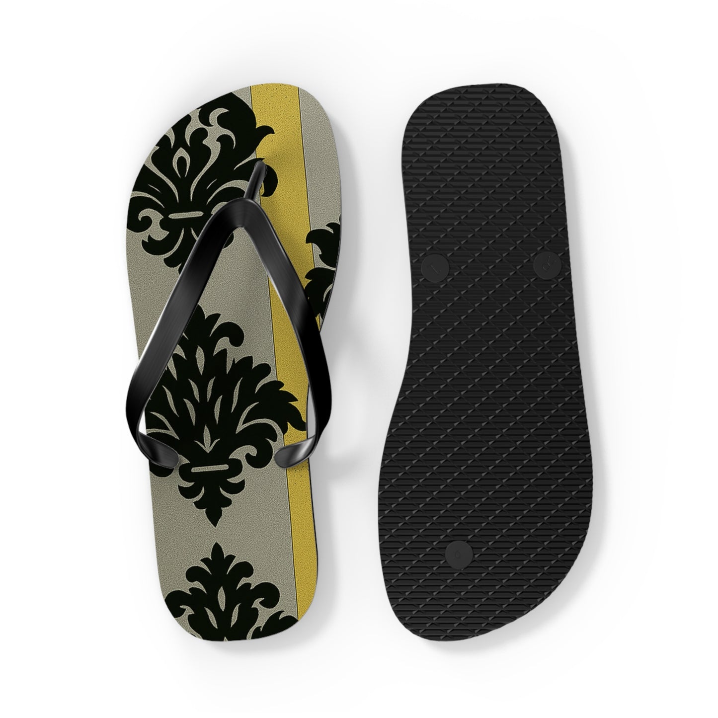 Stylish Flip Flops - Summer Sandals for Beach, Vacation, and Casual Wear - Silver & Gold Striped Black Baroque