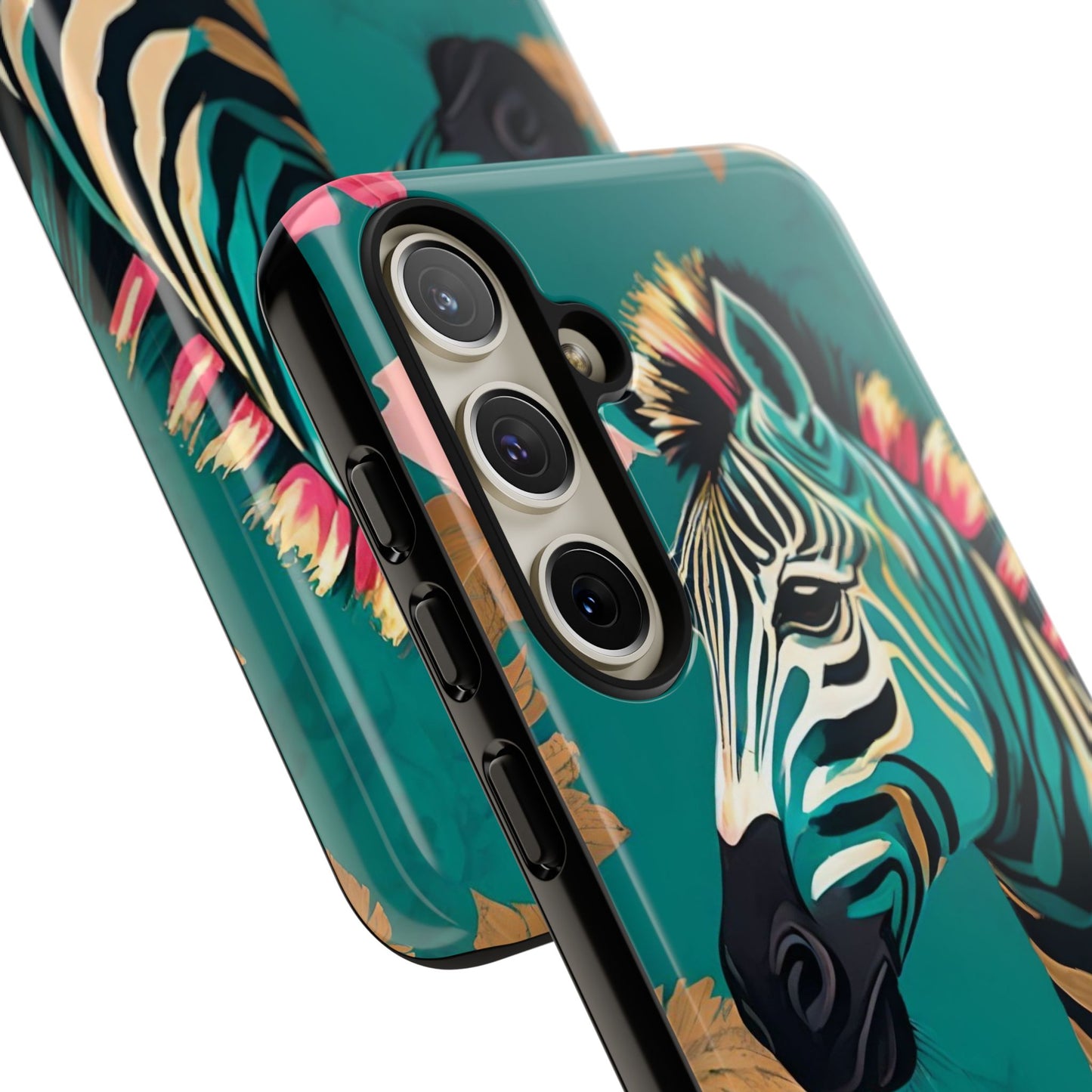 Phone Case - Elegant Teal & Gold Zebra & Roses Design